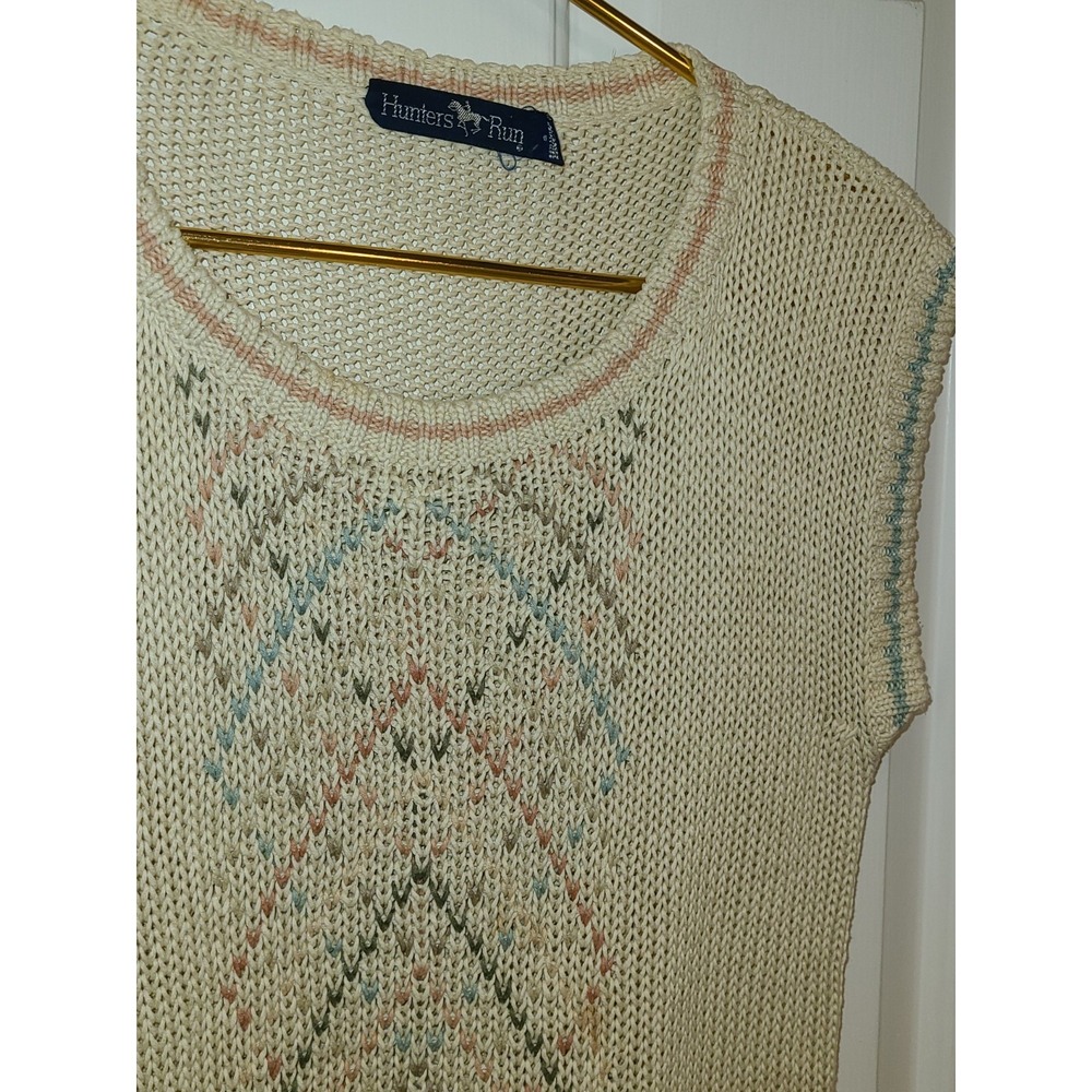 Vtg 80s WOMENS HUNTERS RUN Beige Linen Cotton Pullover SLEEVELESS VEST Librarian